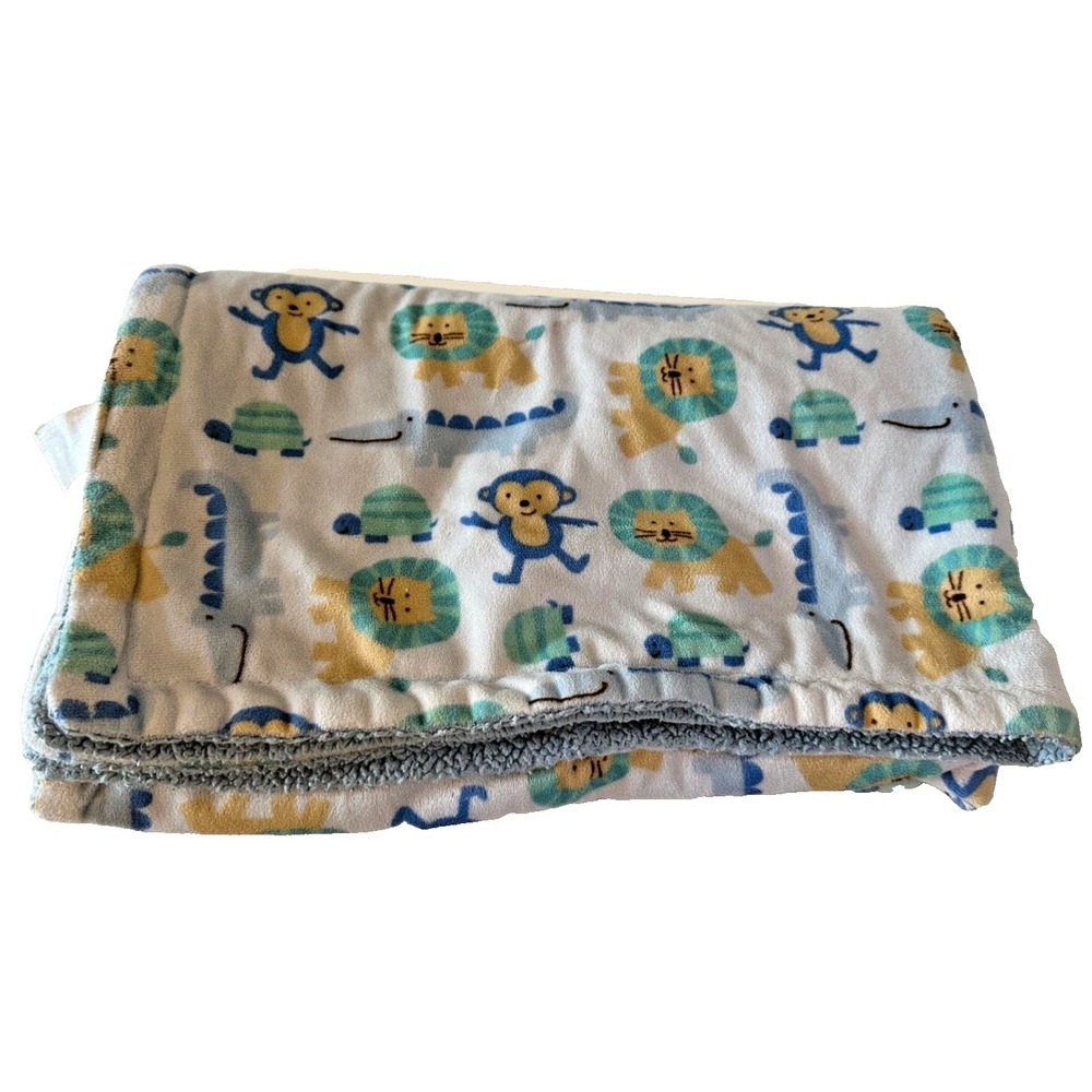 Luvable Friends Baby Blanket Safari Blue Monkey Lion Alligator Turtle Sherpa